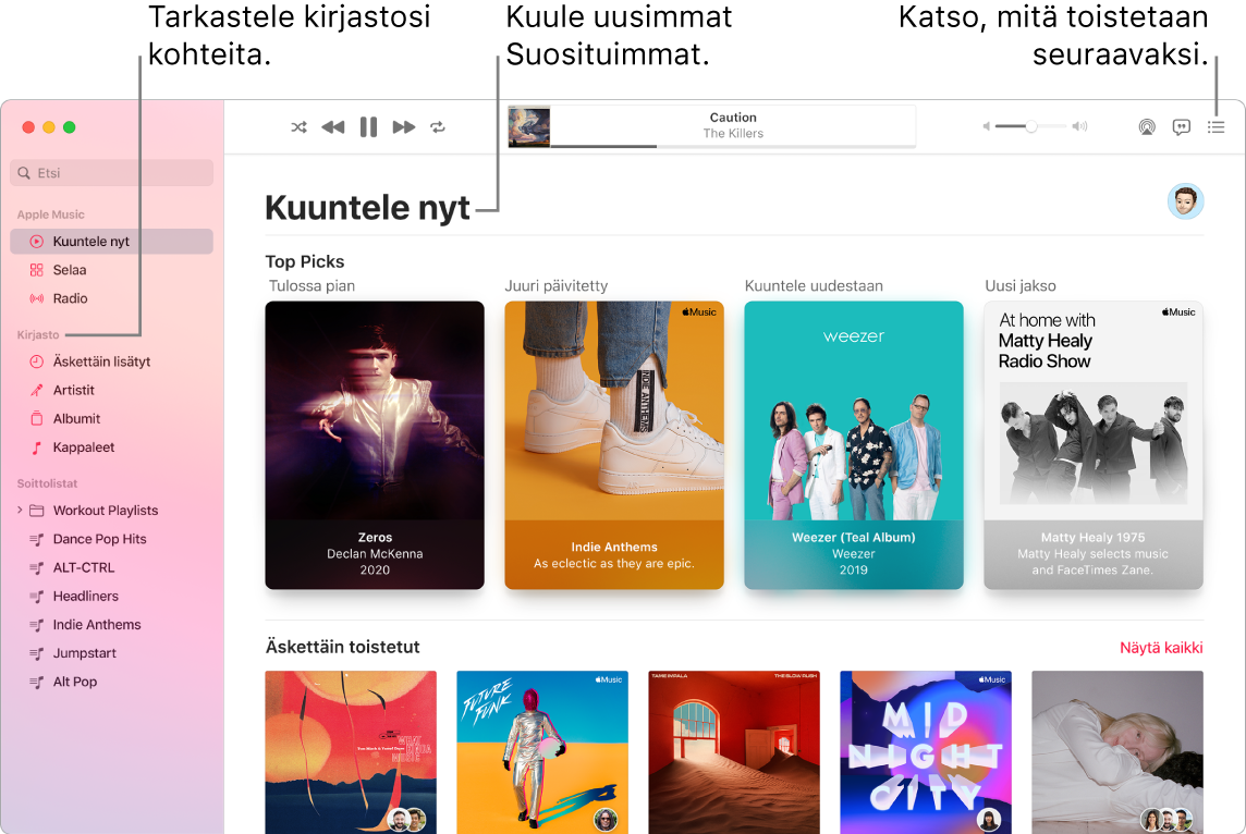 Musiikki-apin ikkunassa näkyy, miten voit katsella kirjastoa, kuunnella musiikkia Apple Musicista ja katsoa, mitä toistetaan seuraavaksi.