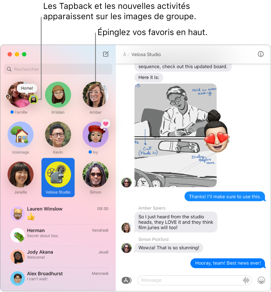 Une fenêtre Messages avec des conversations de groupe épinglées en haut de la colonne de gauche.