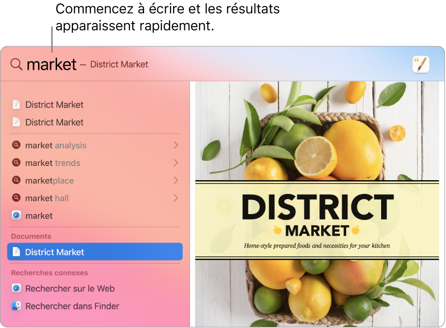 Fenêtre de Spotlight affichant des résultats de recherche à gauche.