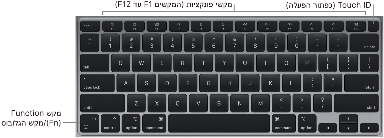 המקלדת של ה‑MacBook Air מציגה את שורת מקשי הפונקציה, את כפתור ההפעלה של Touch ID לאורך החלק העליון ואת מקש הפונקציה (Fn) משמאל למטה.