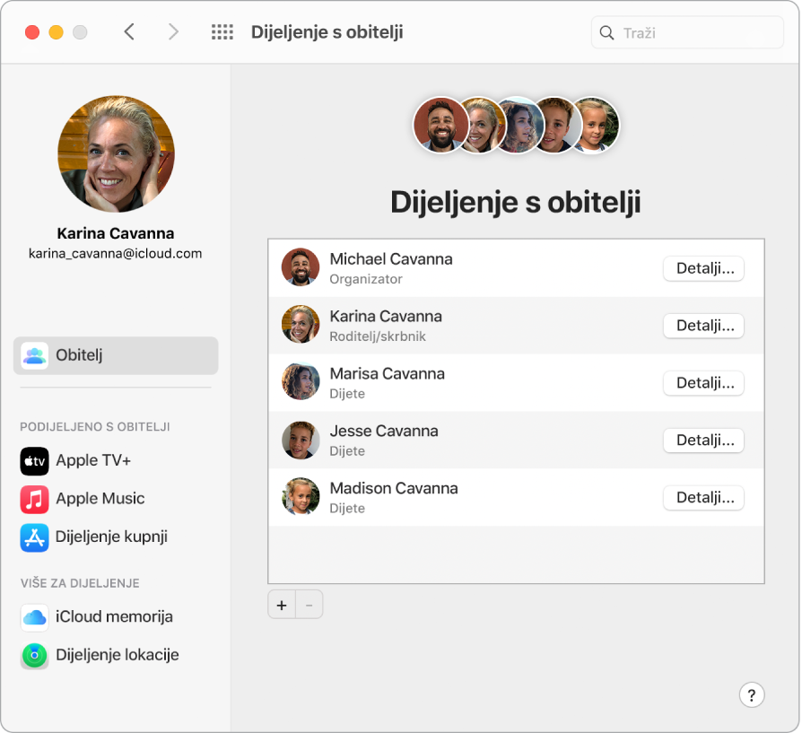 Prozor aplikacije Safari prikazuje postavke Dijeljenje s obitelji na iCloud.com.