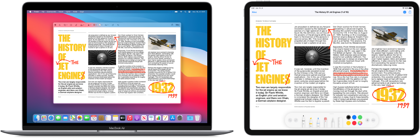 Egy MacBook Air és egy iPad egymás mellett. Mindkét képernyőn ugyanaz a cikk látható rajzolt piros szerkesztésekkel, például kihúzott mondatok, nyilak és hozzáadott szavak. Az iPad képernyőjének alsó részén a korrektúra vezérlői is láthatók.