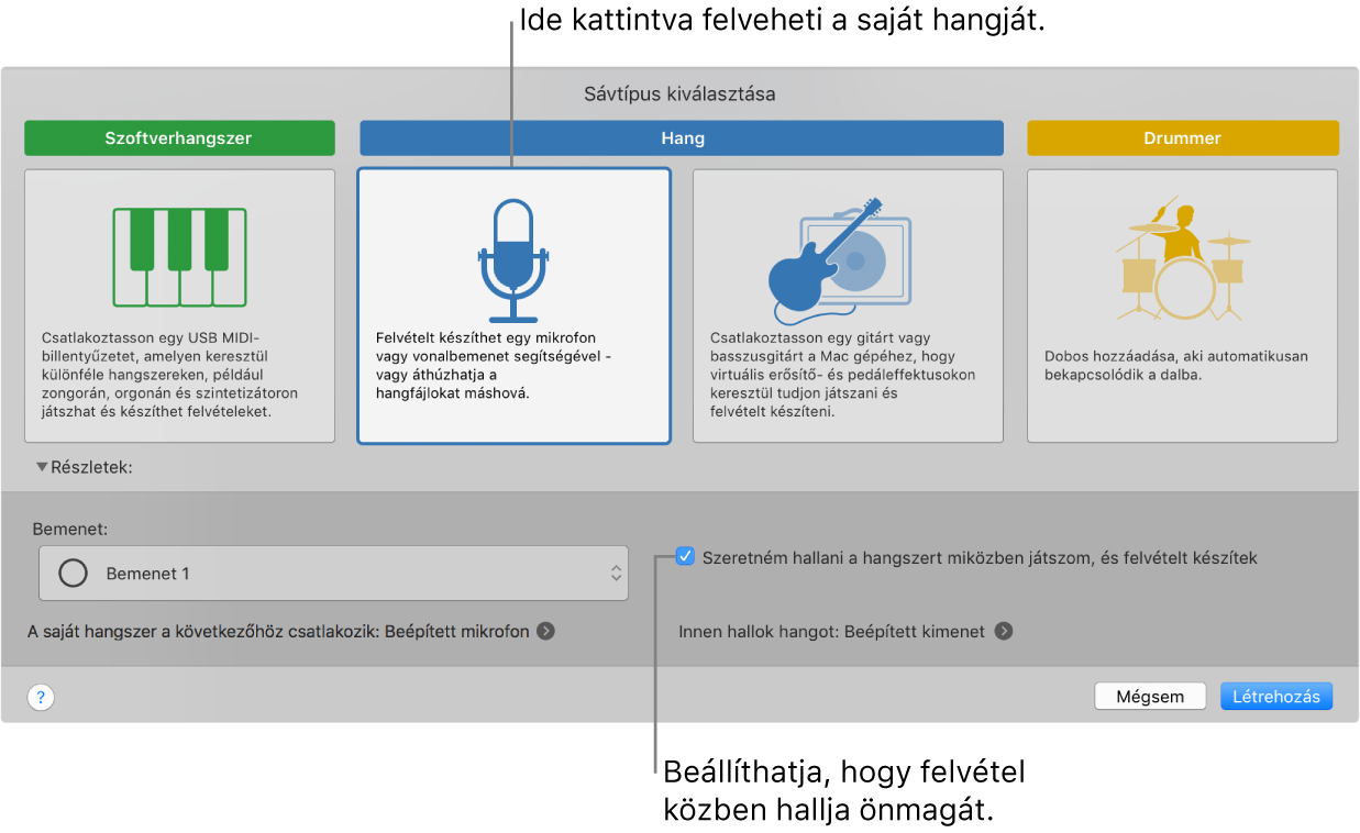 A GarageBand hangszerpanele, amelyen megtekintheti, hová kell kattintania a hang rögzítéséhez, és hogyan hallgathatja magát felvételkor.