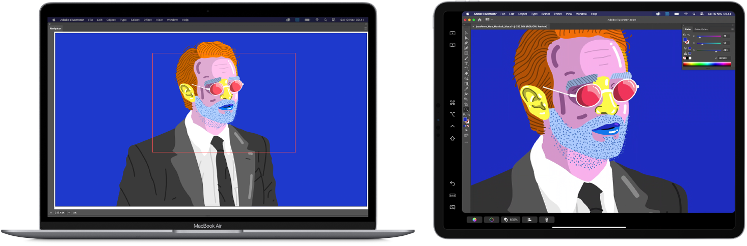 MacBook Air dan iPad berdampingan. MacBook Air menampilkan gambar di dalam jendela navigator ilustrator. iPad menampilkan gambar yang sama di jendela dokumen ilustrator, dikelilingi oleh bar alat.