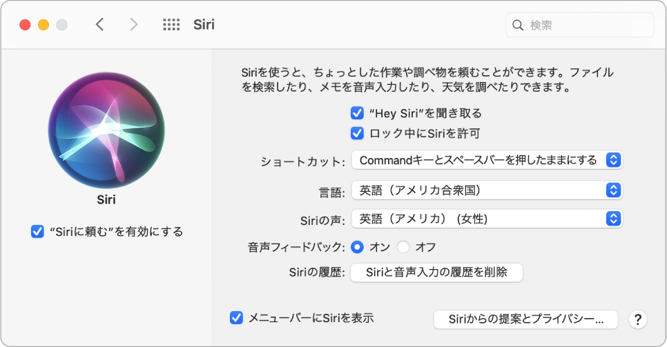 Siri環境設定ウインドウ。左側で「“Siriに頼む”を有効にする」が選択されていて、右側に「“Hey Siri”を聞き取る」など、Siriをカスタマイズするためのいくつかのオプションが表示されています。