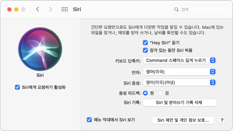 왼쪽에 ‘Siri에게 요청하기 활성화’가 있고, 오른쪽에 ‘’Siri야’ 듣기’를 포함하여 Siri를 사용자화할 수 있는 여러 가지 옵션이 있는 Siri 환경설정 윈도우.