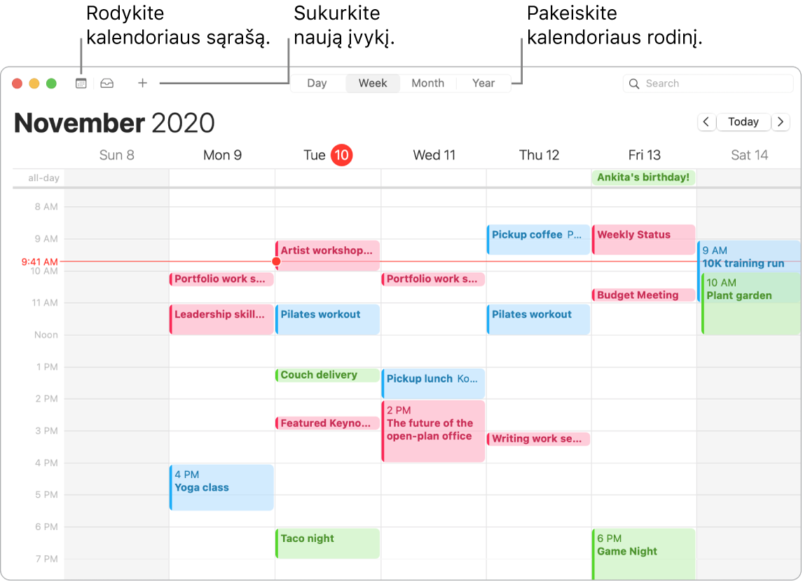 „Calendar“ langas, rodantis, kaip sukurti įvykį, rodyti kalendorių sąrašą ir pasirinkti rodinį „Day“, „Week“, „Month“ arba „Year“.