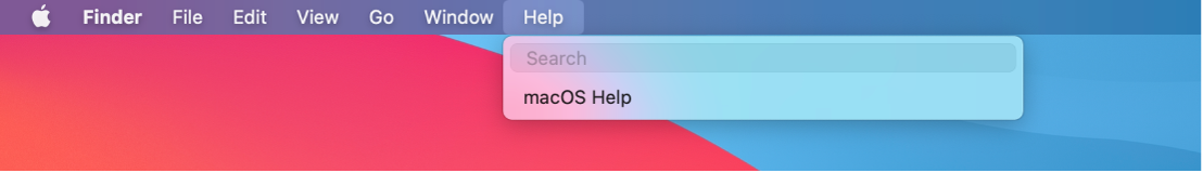 Darbalaukio dalis, atidarytas pagalbos meniu ir rodomos meniu parinktys „Search“ bei „macOS Help“.