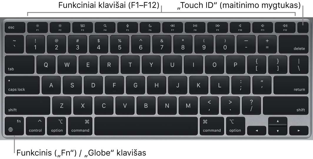 „MacBook Air“ klaviatūra, viršuje matosi funkcinių klavišų eilė, „Touch ID“ maitinimo mygtukas, o apatiniame kairiajame kampe – klavišas „Function“ („Fn“).