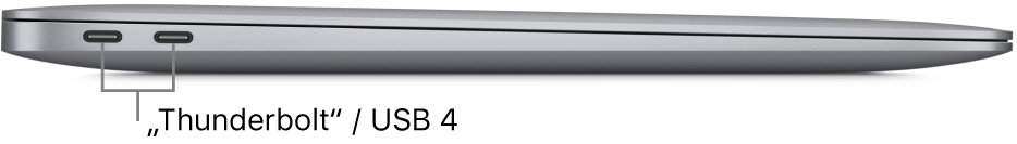 Kairioji „MacBook Air“ pusė, matomos „Thunderbolt“ / USB 4 prievadų nuorodos.