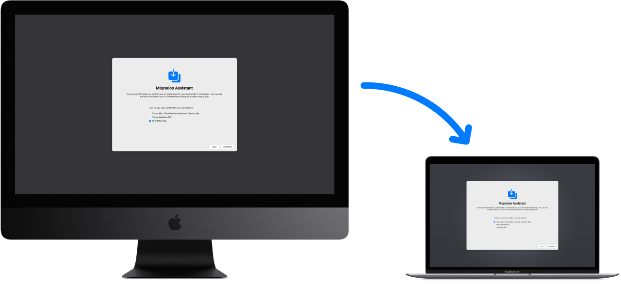 Senas „iMac“, kuriame rodomas priemonės „Migration Assistant“ ekranas, yra prijungtas prie naujo „MacBook Air“, kuriame taip pat atidarytas priemonės „Migration Assistant“ ekranas.