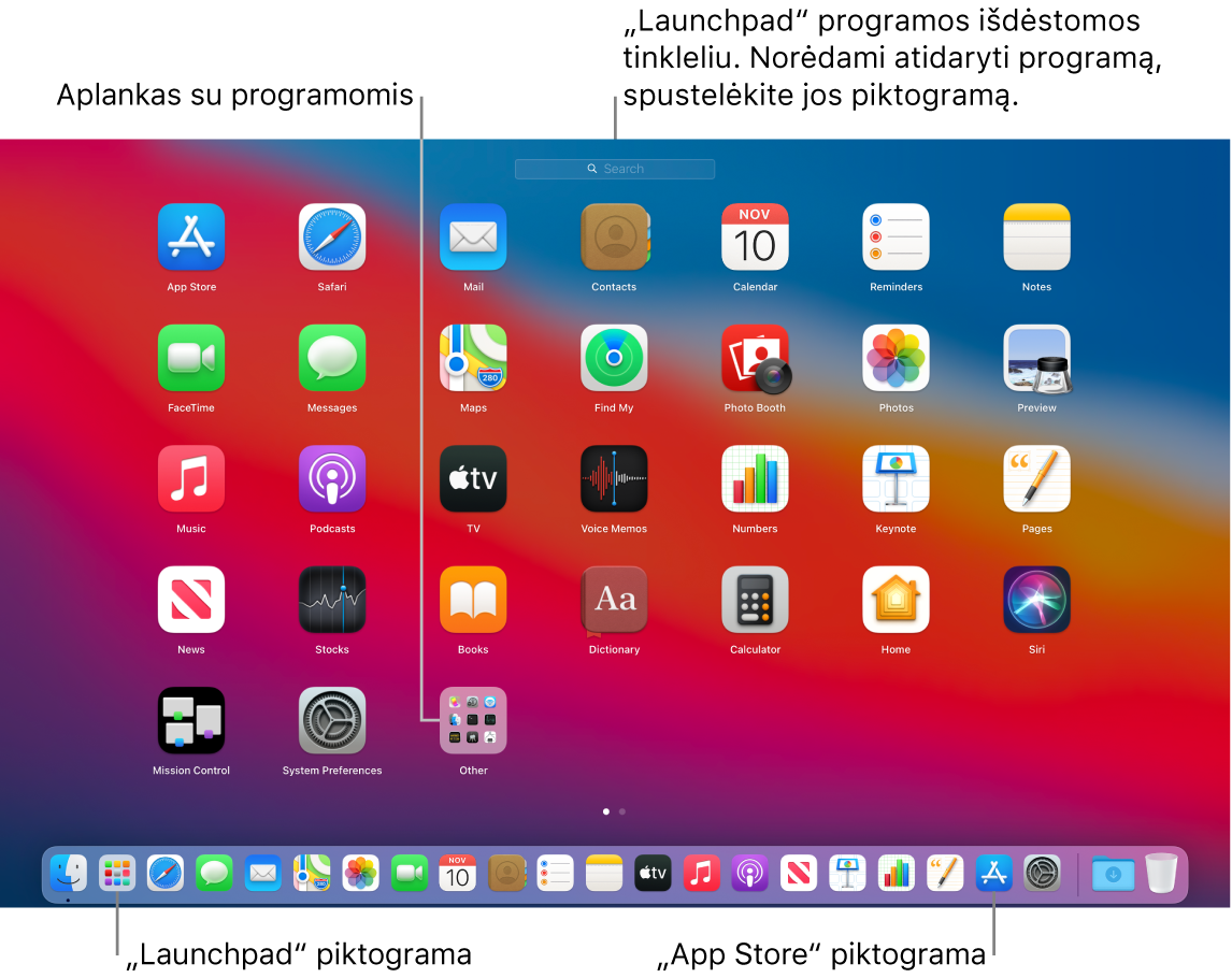 „Mac“ ekrane atidaryta funkcija „Launchpad“: rodomas „Launchpad“ programų aplankas, „Dock“ juostoje matomos „Launchpad“ ir „App Store“ piktogramos.