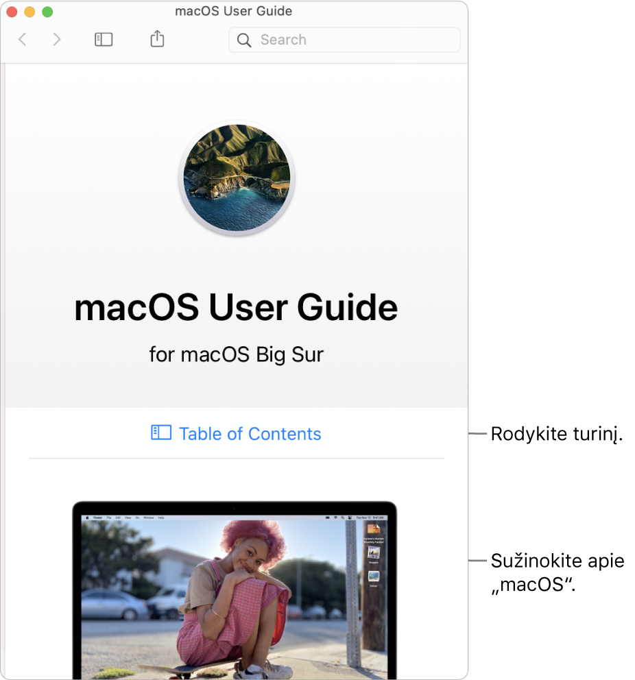 „macOS“ pradžios puslapis, kuriame rodoma turinio nuoroda.