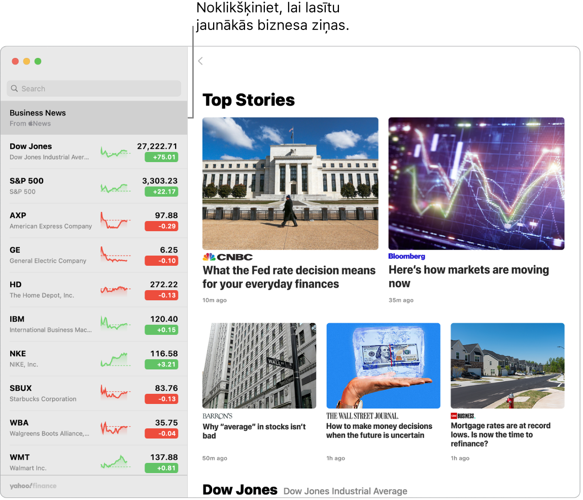Lietotnes Stocks informācijas panelis ar tirgus cenām skatīšanas sarakstā un atbilstošajiem Top Stories.
