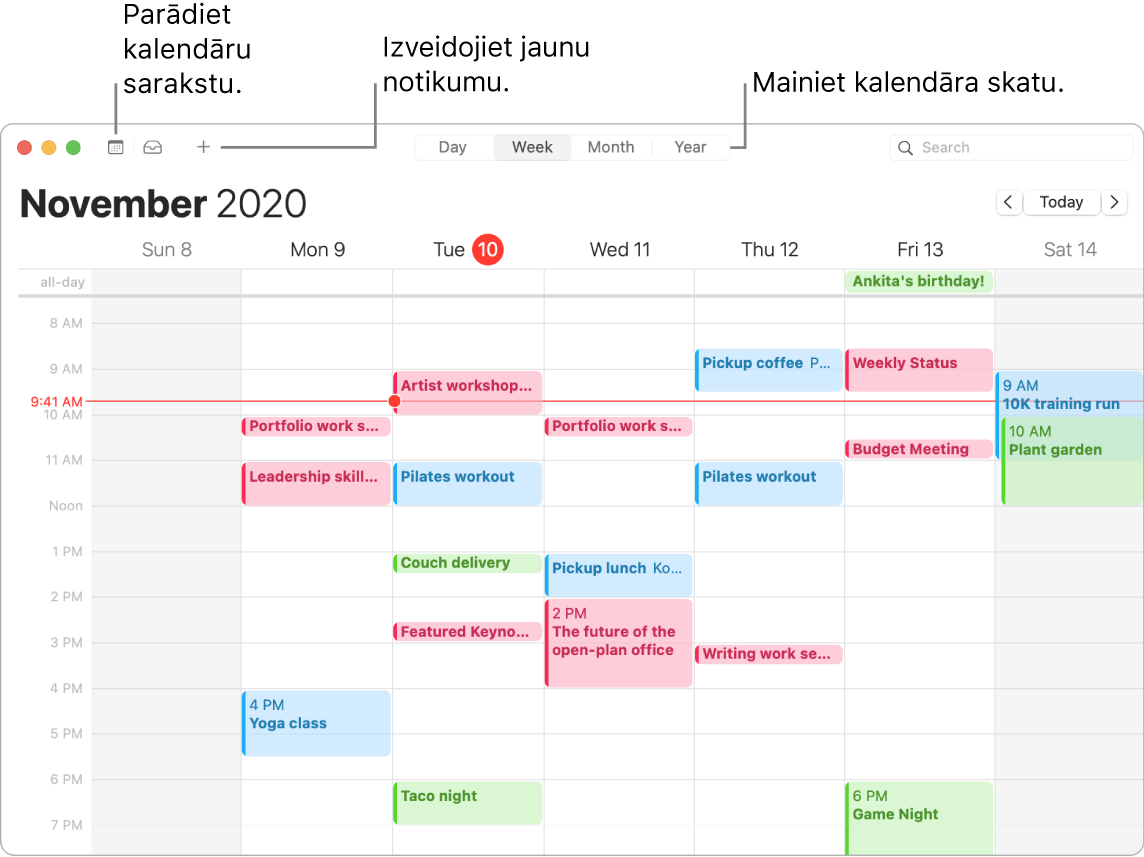 Lietotnes Calendar logā redzams, kā izveidot notikumu, parādīt kalendāru sarakstu un izvēlēties skatu Day, Week, Month vai Year.