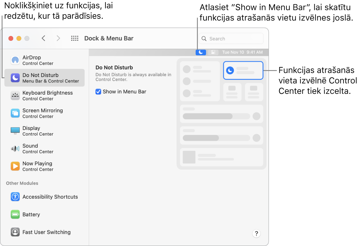 Logs Dock and Menu Bar Preferences.