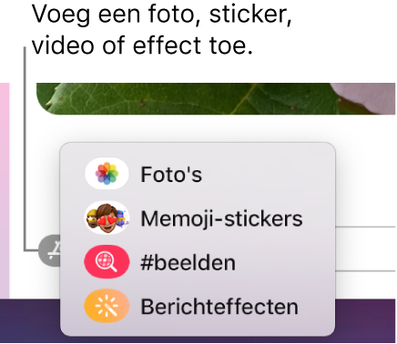 Het Apps-menu met opties voor het tonen van foto's, memoji-stickers, GIF's en berichteffecten.