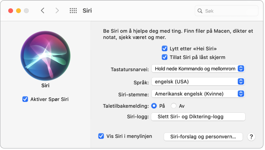 Siri-valg-vinduet med Aktiver Spør Siri markert til venstre og flere valg for tilpassing av Siri til høyre, blant annet «Lytt etter ‘Hei Siri’».