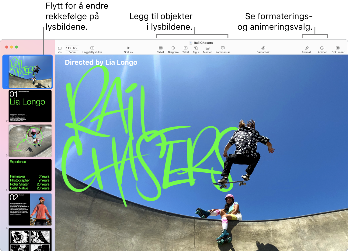 Et Keynote-vindu med lysbildenavigering til venstre og hvordan man endrer rekkefølgen på lysbilder, verktøylinjen og redigeringsverktøyene øverst, Samarbeid-knappen oppe til høyre, og knappene Format, Animer og Dokument helt til høyre.
