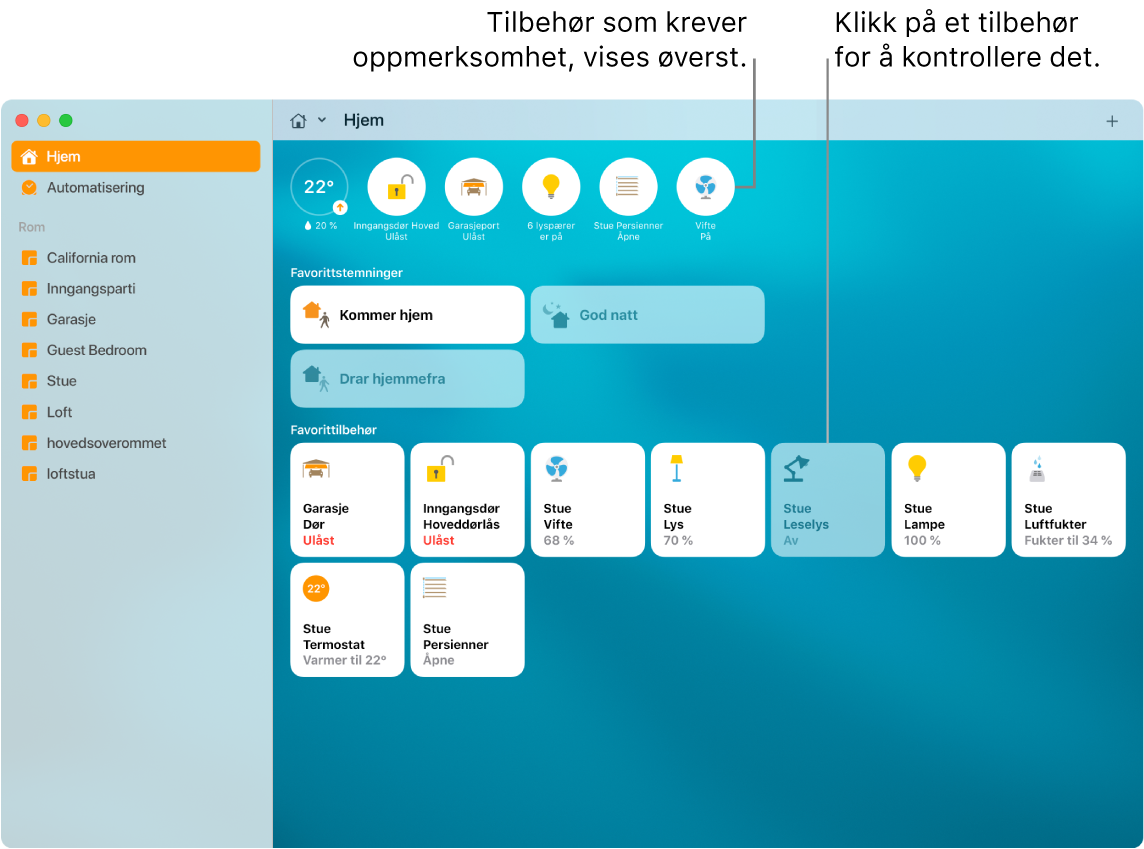 Hjem-appen som viser favorittstemninger og favorittilbehør.