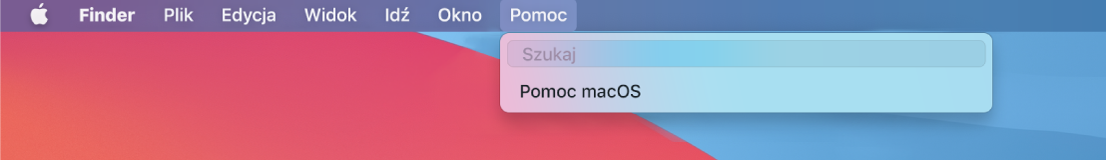 Częściowy widok Biurka z rozwiniętym menu Pomoc oraz polecenia menu Szukaj i Pomoc macOS.