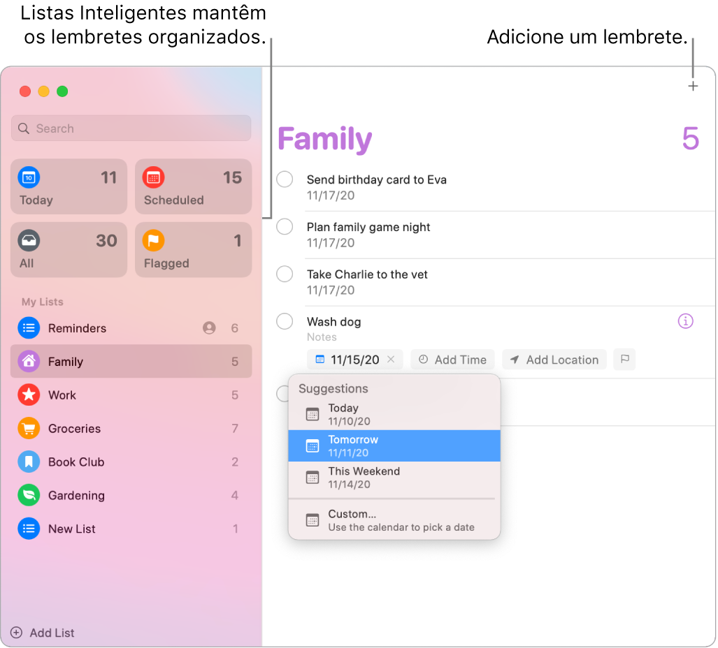 Janela do Lembretes com listas inteligentes à esquerda e outros lembretes e listas abaixo. O cursor está em um lembrete e o menu de Sugestões está aberto, com sugestões para Hoje, Amanhã, Este Fim de Semana e Personalizado.