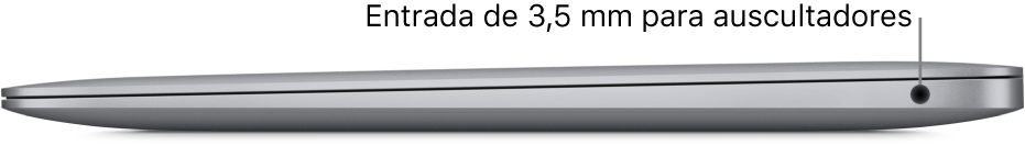 Vista do lado direito de um MacBook Air, com chamadas para a ficha de 3,5 mm para auscultadores.