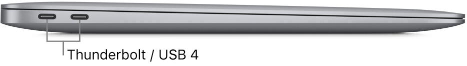 Vista do lado esquerdo de um MacBook Air com chamadas para as portas Thunderbolt/USB 4.