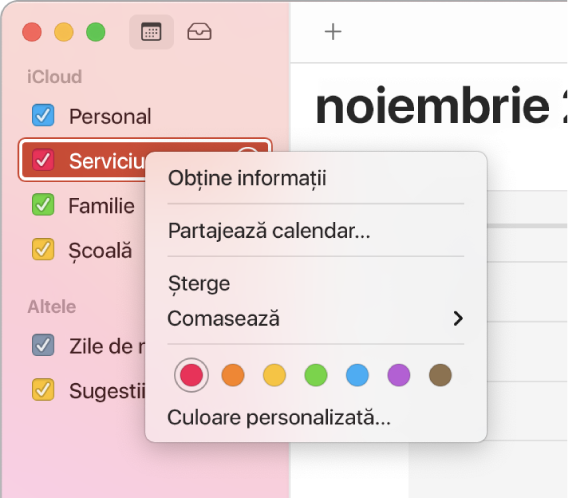 Meniu de scurtături Calendar cu opțiuni pentru personalizarea culorii unui calendar.