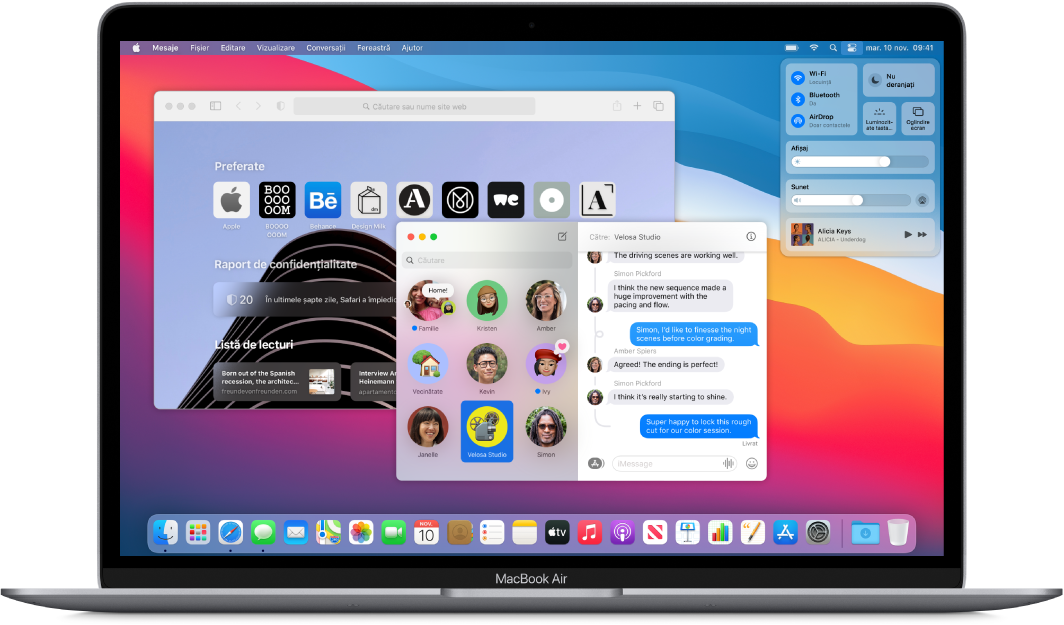 Un desktop de MacBook Air afișând centrul de control și mai multe aplicații deschise.