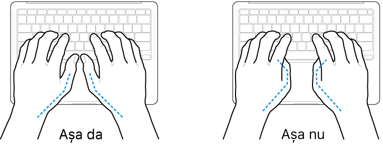 Mâini poziționate deasupra unei tastaturi, indicând alinierea corectă și incorectă a degetelor mari.