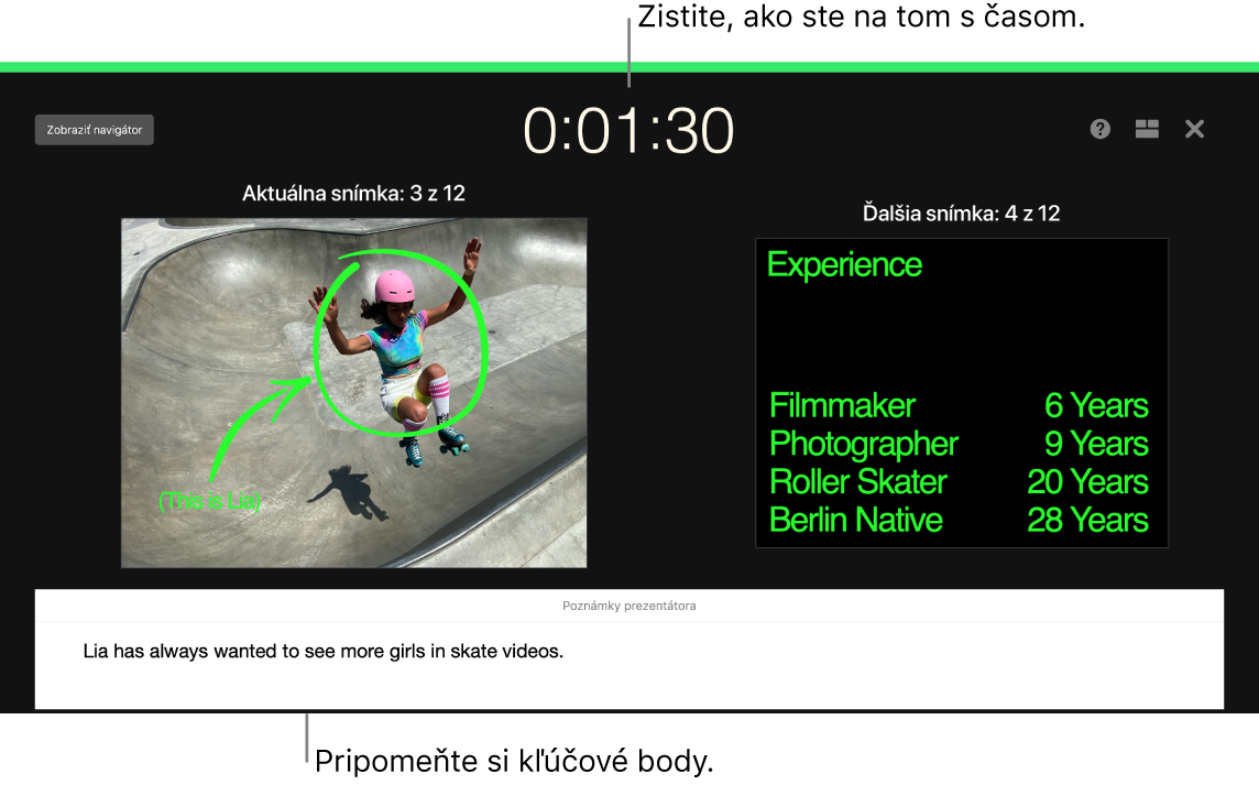Okno aplikácie Keynote so zobrazenou funkciou Vyskúšať prezentáciu.