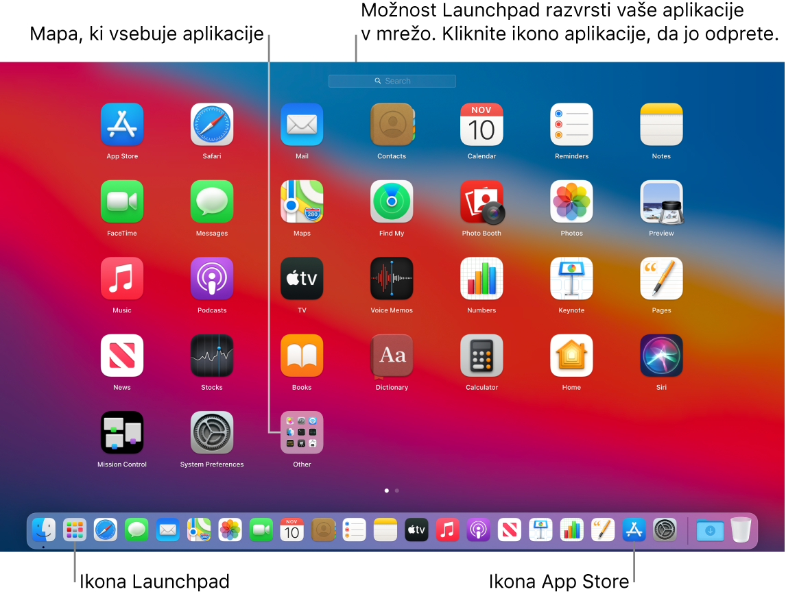 Zaslon Mac z odprtim zaganjalnikom aplikacij Launchpad, prikazano mapo aplikacij v zaganjalniku Launchpad ter ikonama Launchpad in App Store v vrstici Dock.