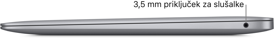 Pogled na računalnik MacBook Air z desne strani s poudarjenim 3,5 mm priključkom za slušalke.