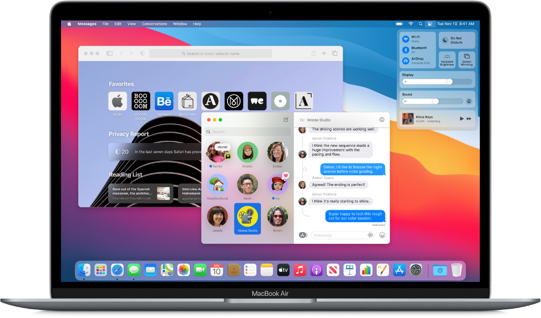 Namizje računalnika MacBook Air s prikazom središča Control Center in več odprtimi aplikacijami.