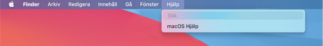 En del av skrivbordet med Hjälp-menyn öppen som visar menyalternativen Sök och macOS Hjälp.