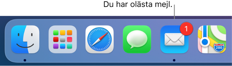 Ett område av Dock som visar symbolen för appen Mail med en bricka som anger antalet olästa mejl.