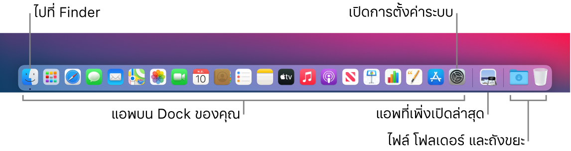 Dock ที่แสดง Finder, การตั้งค่าระบบ และเส้นใน Dock ที่แบ่งแอพออกจากไฟล์และโฟลเดอร์