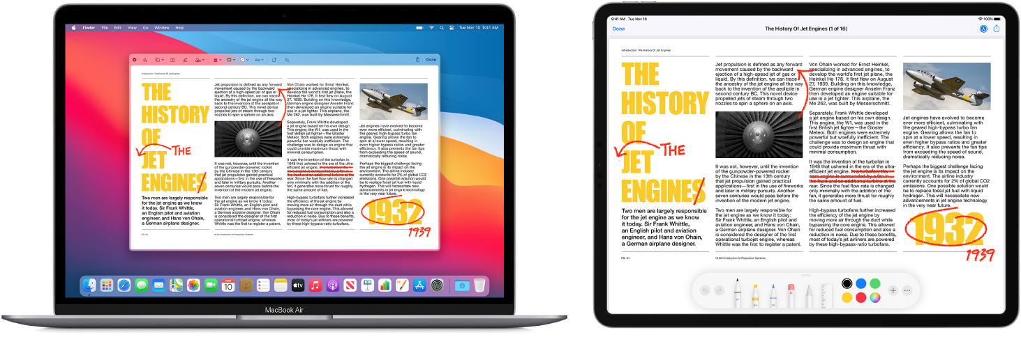 MacBook Air และ iPad ตั้งอยู่ข้างกัน จอภาพทั้งสองแสดงบทความที่เต็มไปด้วยการแก้ไขที่เป็นเส้นขยุกขยิกสีแดง เช่น ประโยคที่ถูกขีดฆ่า ลูกศร และคำที่ถูกเพิ่ม นอกจากนี้ iPad ยังมีตัวควบคุมการทำเครื่องหมายอยู่ที่ด้านล่างสุดของหน้าจอด้วย