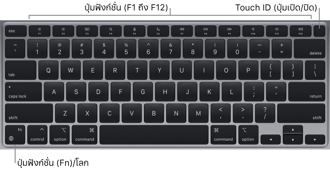 แป้นพิมพ์ MacBook Air ที่แสดงแถวของปุ่มฟังก์ชั่น, ปุ่ม Touch ID เปิด/ปิดตลอดแนวด้านบนสุด และปุ่ม Function (Fn) ตรงมุมซ้ายล่าง