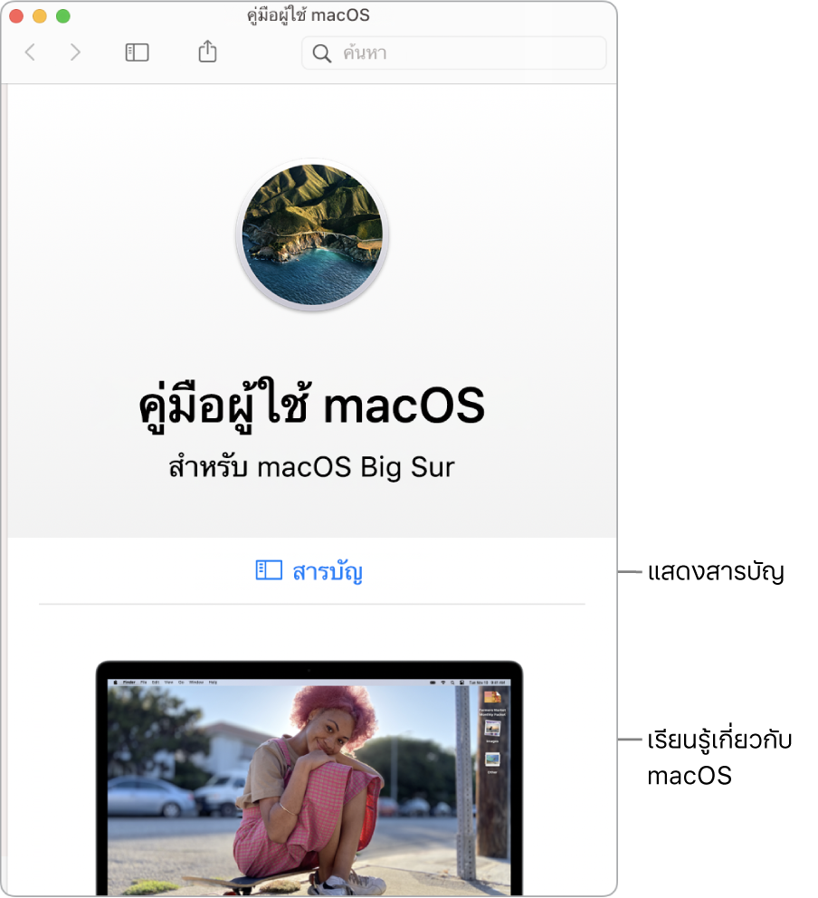 หน้าต้อนรับของคู่มือผู้ใช้ macOS ที่แสดงลิงก์สารบัญ