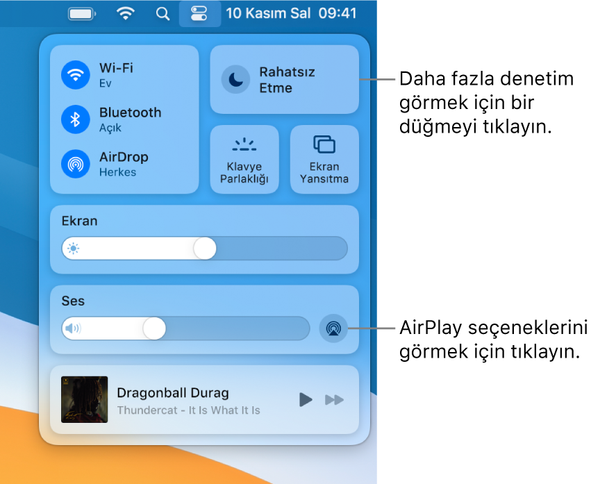 Mac’inizdeki Denetim Merkezi’nin Ekran düğmesine bir belirtme çizgisiyle büyütülmüş görüntüsü.