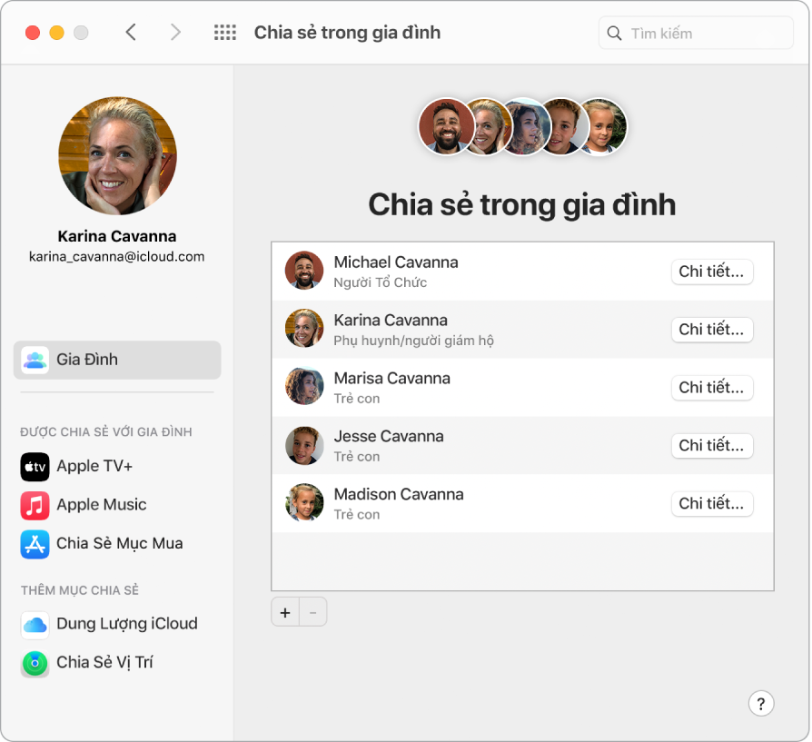 Một cửa sổ Safari đang hiển thị cài đặt Chia sẻ trong gia đình trên iCloud.com.