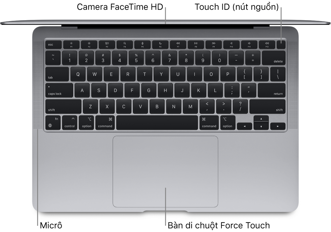 Nhìn xuống MacBook Air đang mở, với các chỉ thị đến Touch Bar, camera FaceTime HD, Touch ID (nút nguồn), micrô và bàn di chuột Force Touch.