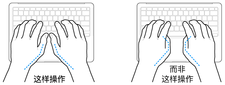 手掌放在键盘上方，显示拇指的正确放置和错误放置。