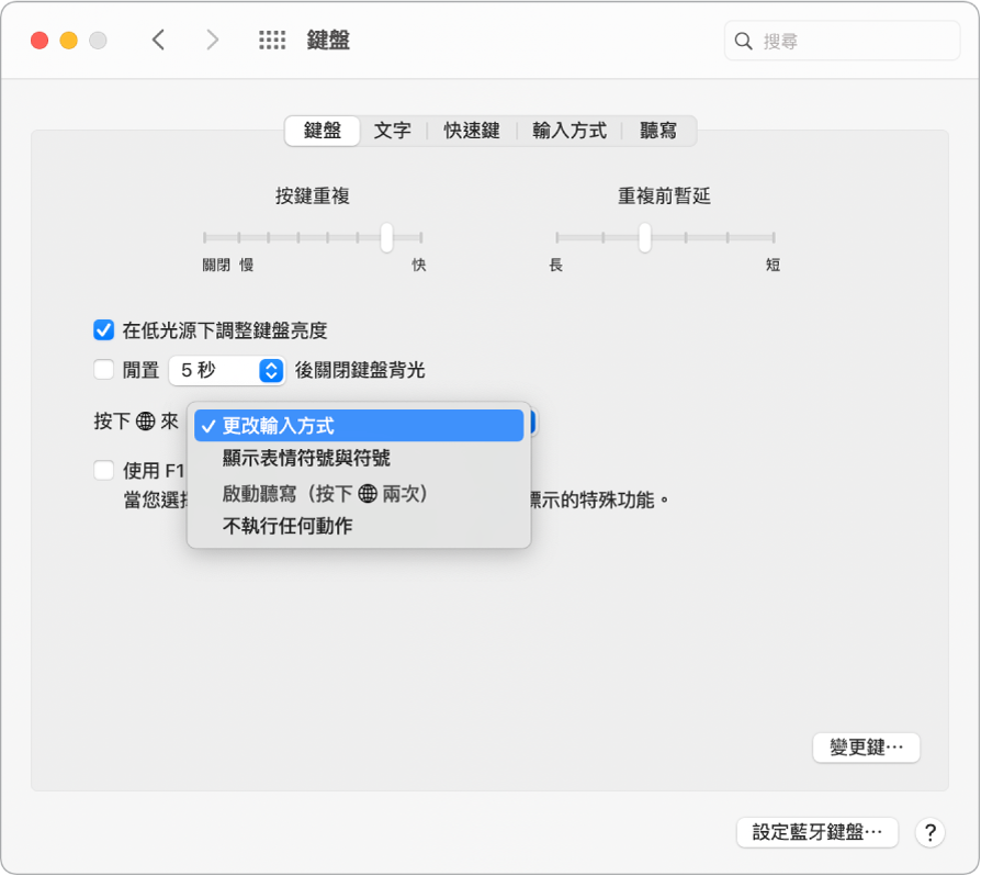包含下拉式選單的「鍵盤」偏好設定顯示功能（Fn）/地球鍵的選項：「更改輸入方式」、「顯示表情符號與符號」、「開始聽寫」和「不執行任何動作」。