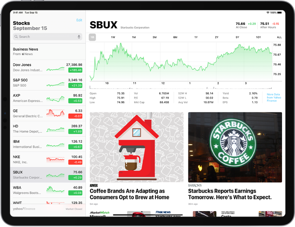 The Stocks screen in landscape orientation. The search field is in the top-left corner. Below the search field is the watchlist. A stock in the watchlist is selected. In the middle of the screen a chart shows the performance of the selected stock over the course of one year. Above the chart are buttons to display the stock performance by one day, one week, one month, three months, six months, one year, two years, five years, or ten years. Below the chart are stock details such as opening price, high, low, and market cap. Below the chart details are Apple News articles related to stock.