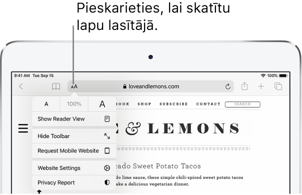 Lietotnes Safari rīkjosla ar pogu Reader pa kreisi no adreses lauka.