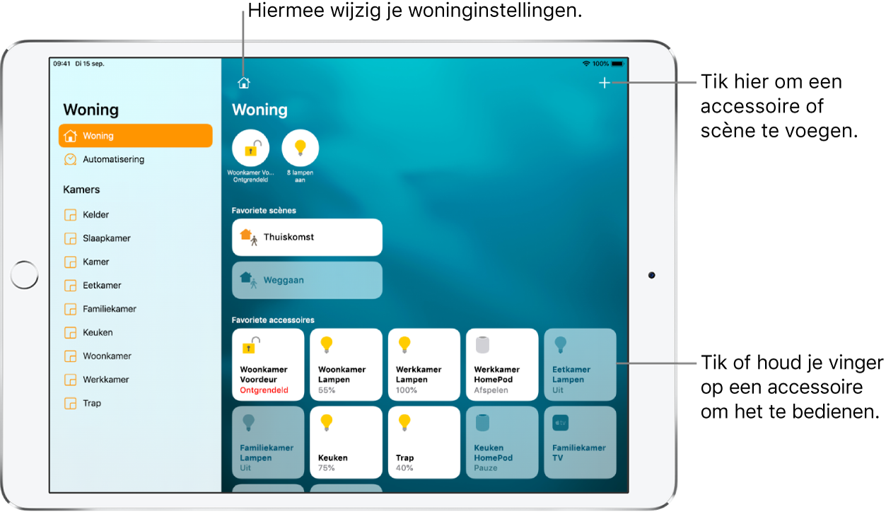 De Woning-app met de navigatiekolom aan de linkerkant en de tabbladen 'Woning' en 'Automatisering' bovenaan. Daaronder bevinden zich de kamers in de woning. Aan de rechterkant staan bovenaan 'Woningen', de knop 'Woninginstellingen' en de knop met het plusteken. Bovenin bevinden zich twee statusknoppen: een voor het slot van de voordeur en een voor 8 lampen die aan zijn. Daaronder bevinden zich scènes en accessoires die als favoriet zijn gemarkeerd.