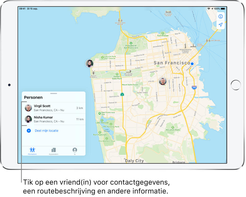 Het Zoek mijn-scherm waarin het tabblad 'Personen' is geopend. Er staan twee vrienden in de lijst 'Personen': Virgil Scott en Nisha Kumar. Hun locaties worden op een kaart van San Francisco weergegeven.